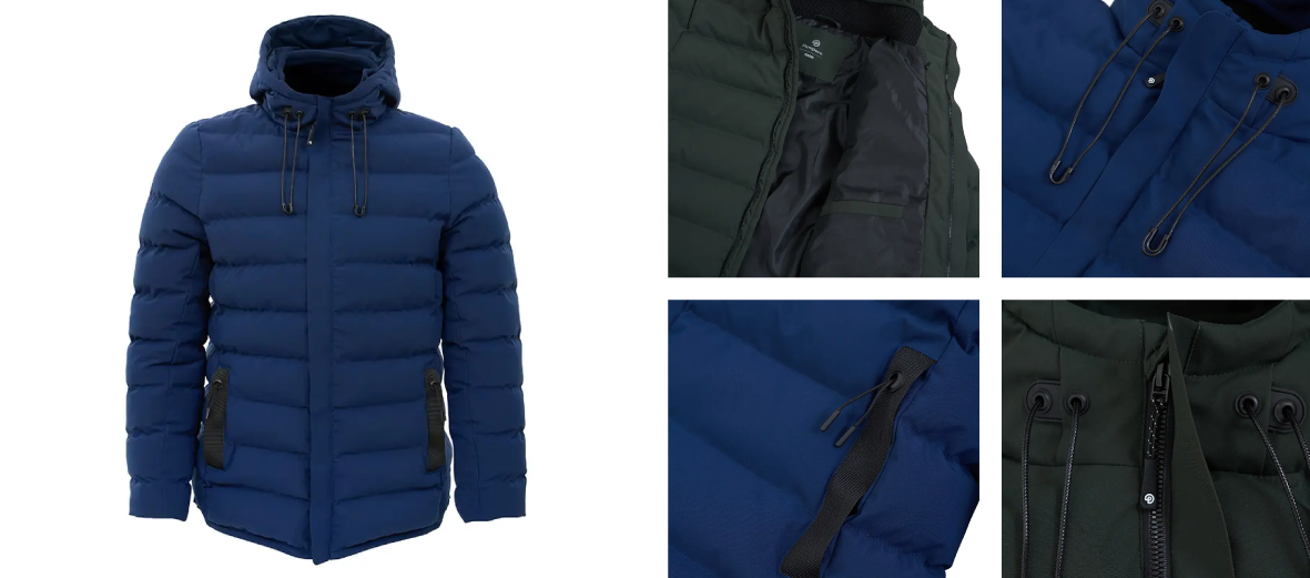 detalles y características de campera de abrigo hombre y mujer en color verde azul y negro
